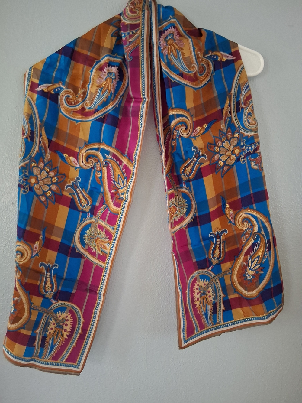 Albert Nipon Vintage Paisley Plaid 100% Silk Luxury Purse Scarf 51" Long
